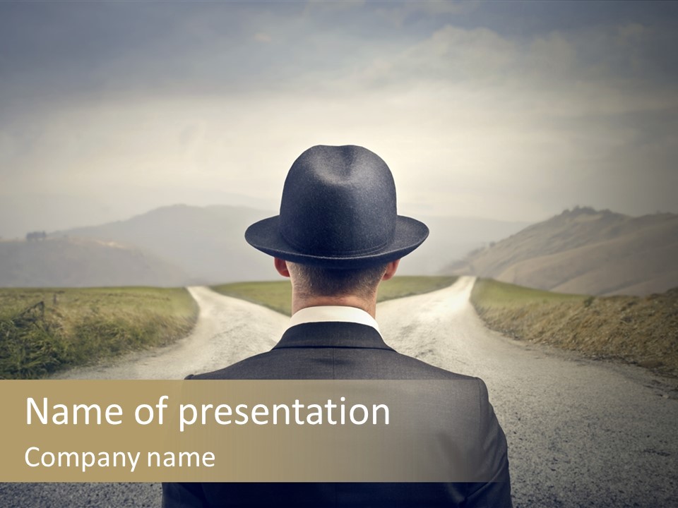 A Man In A Suit And Hat Looking At A Road PowerPoint Template