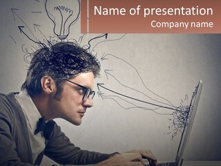 A Man Sitting At A Desk With A Laptop In Front Of His Head PowerPoint Template