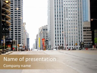 A City Street With Tall Buildings And A Traffic Light PowerPoint Template