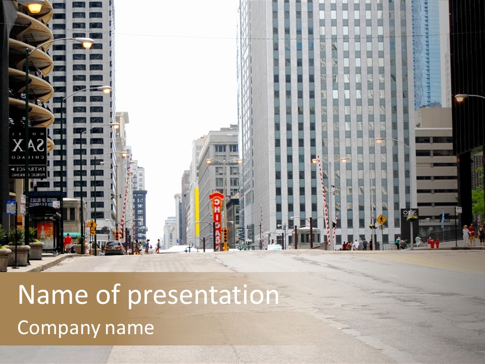 A City Street With Tall Buildings And A Traffic Light PowerPoint Template