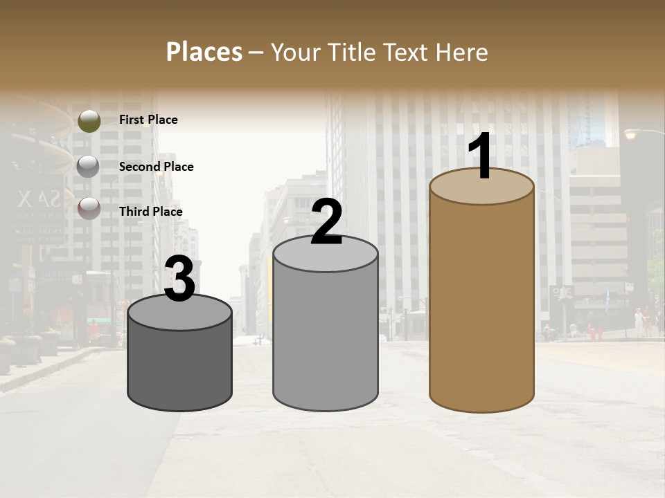 A City Street With Tall Buildings And A Traffic Light PowerPoint Template
