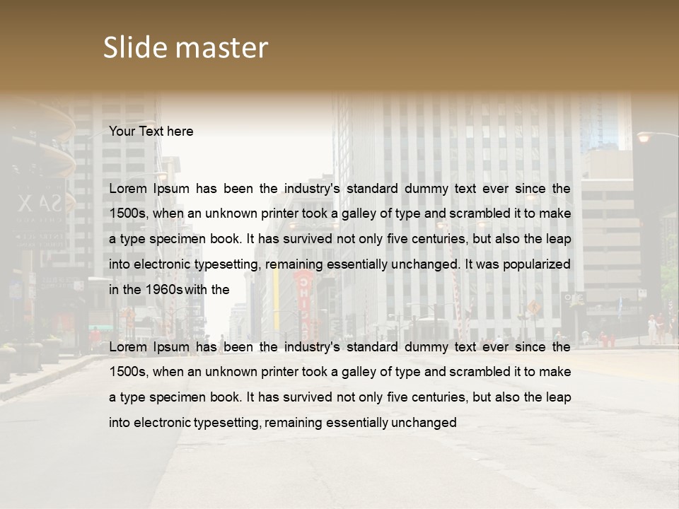 A City Street With Tall Buildings And A Traffic Light PowerPoint Template