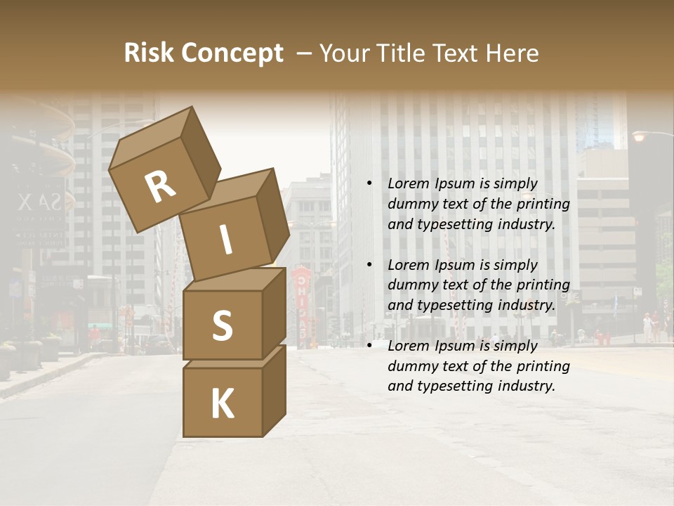 A City Street With Tall Buildings And A Traffic Light PowerPoint Template