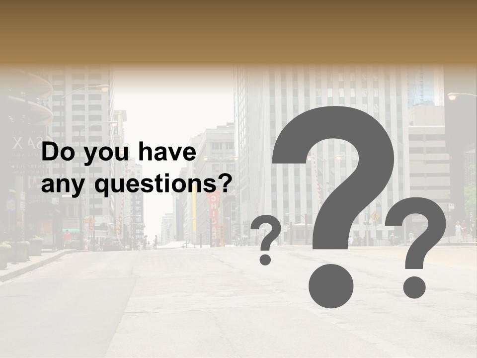 A City Street With Tall Buildings And A Traffic Light PowerPoint Template