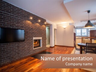 A Living Room With A Fireplace And A Flat Screen Tv PowerPoint Template