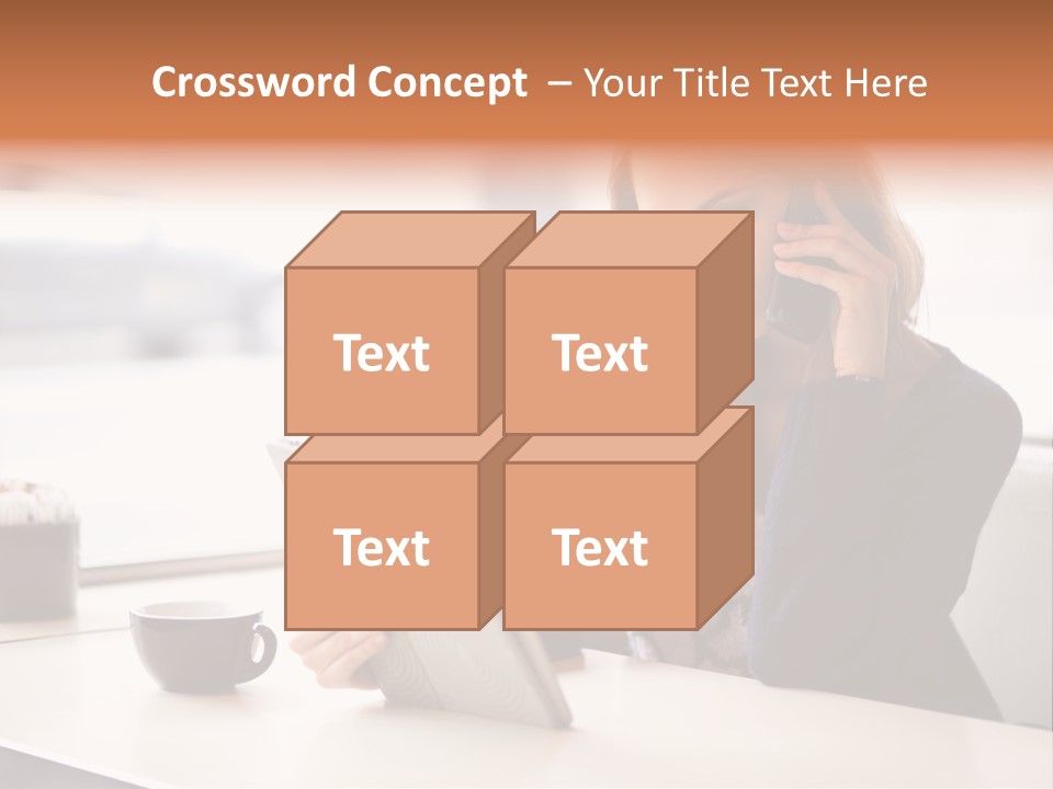 A Woman Sitting At A Table Talking On A Cell Phone PowerPoint Template