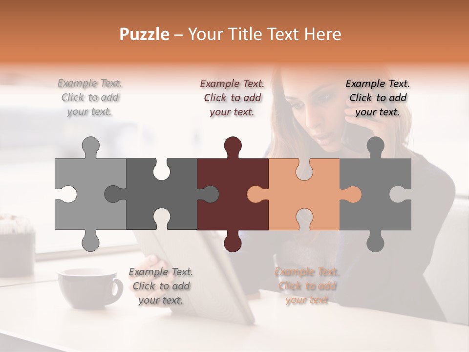 A Woman Sitting At A Table Talking On A Cell Phone PowerPoint Template
