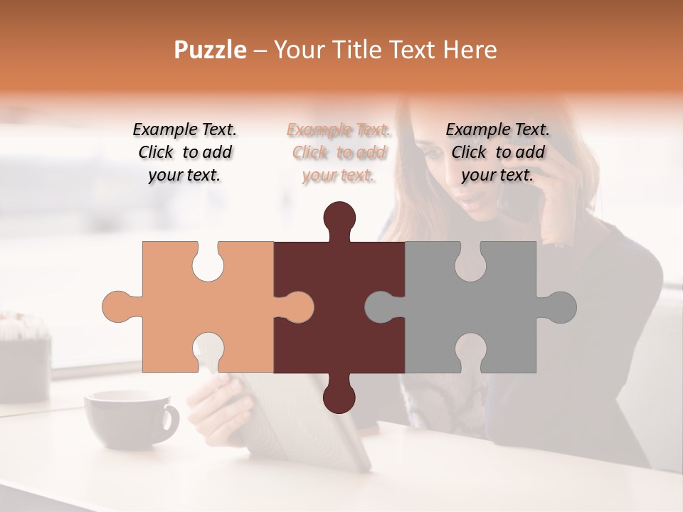 A Woman Sitting At A Table Talking On A Cell Phone PowerPoint Template