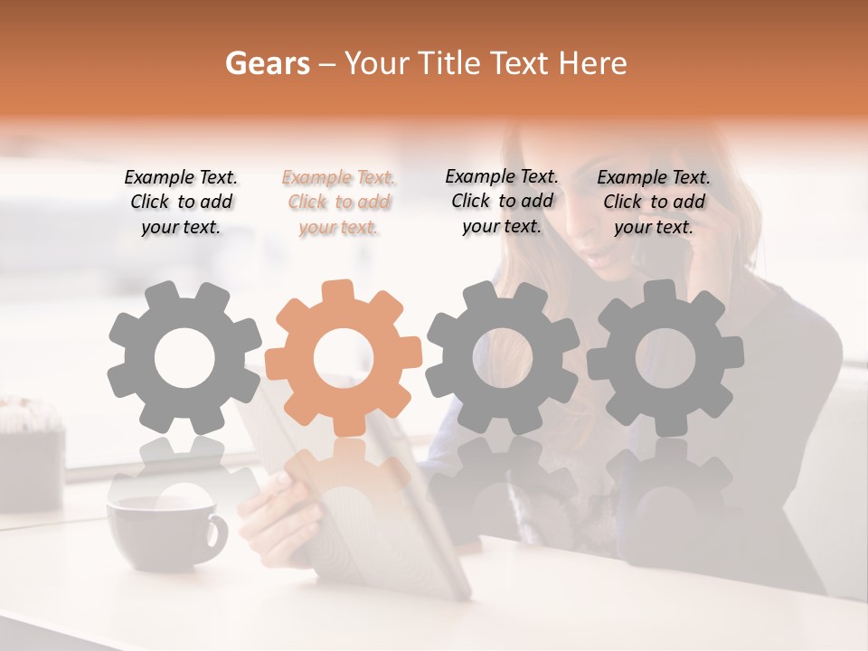 A Woman Sitting At A Table Talking On A Cell Phone PowerPoint Template