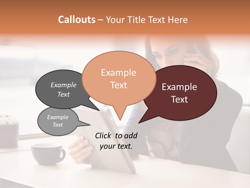 A Woman Sitting At A Table Talking On A Cell Phone PowerPoint Template