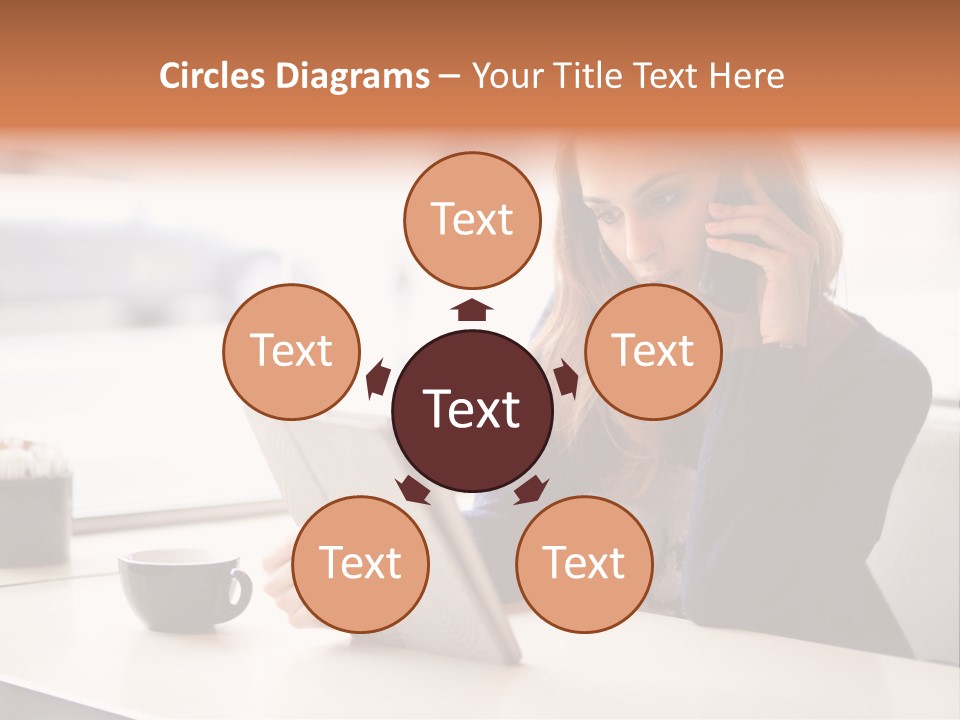 A Woman Sitting At A Table Talking On A Cell Phone PowerPoint Template