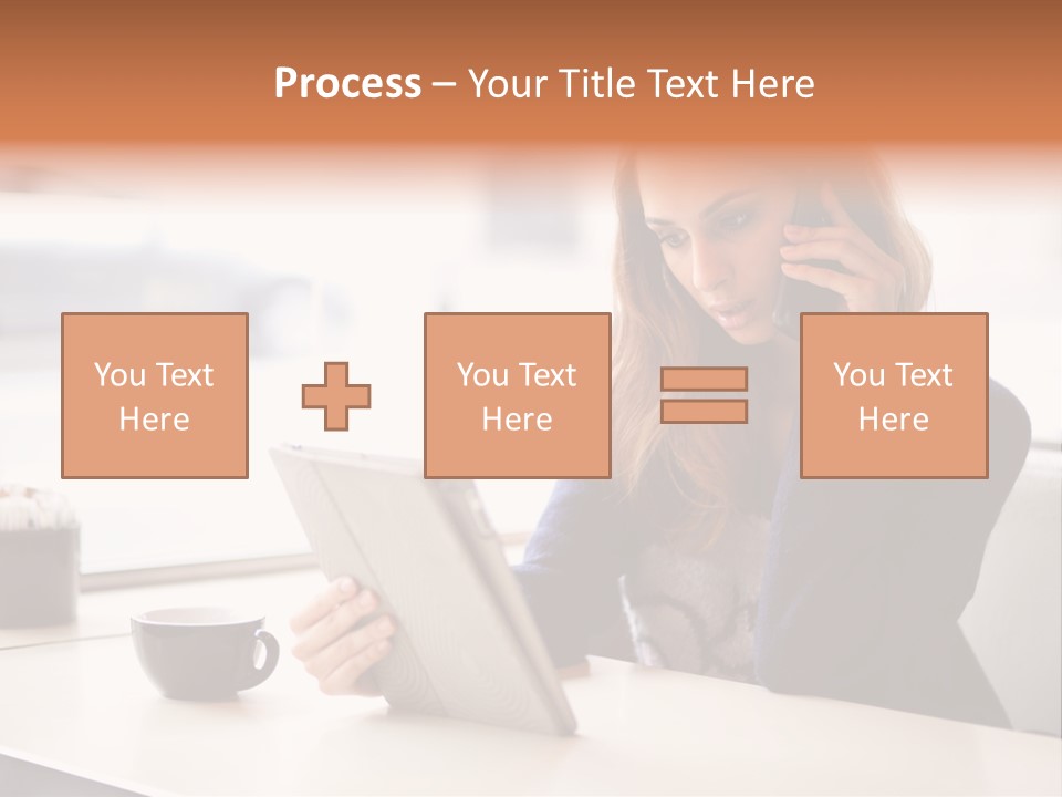 A Woman Sitting At A Table Talking On A Cell Phone PowerPoint Template