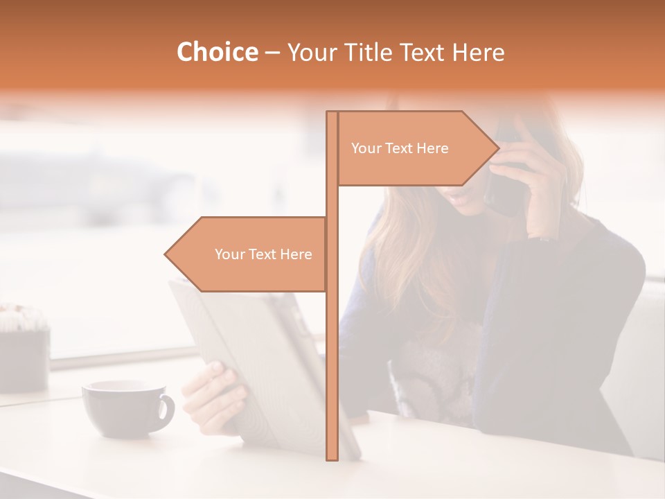 A Woman Sitting At A Table Talking On A Cell Phone PowerPoint Template