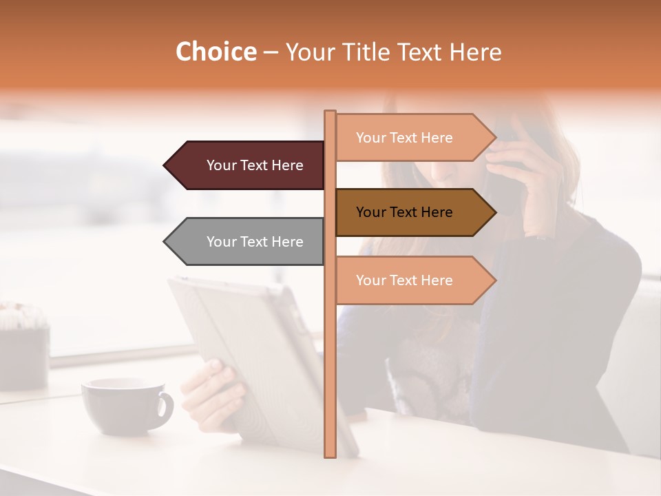 A Woman Sitting At A Table Talking On A Cell Phone PowerPoint Template
