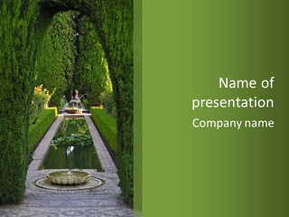 A Formal Garden With A Fountain In The Middle Of It PowerPoint Template