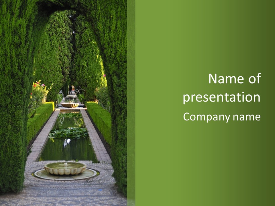 A Formal Garden With A Fountain In The Middle Of It PowerPoint Template