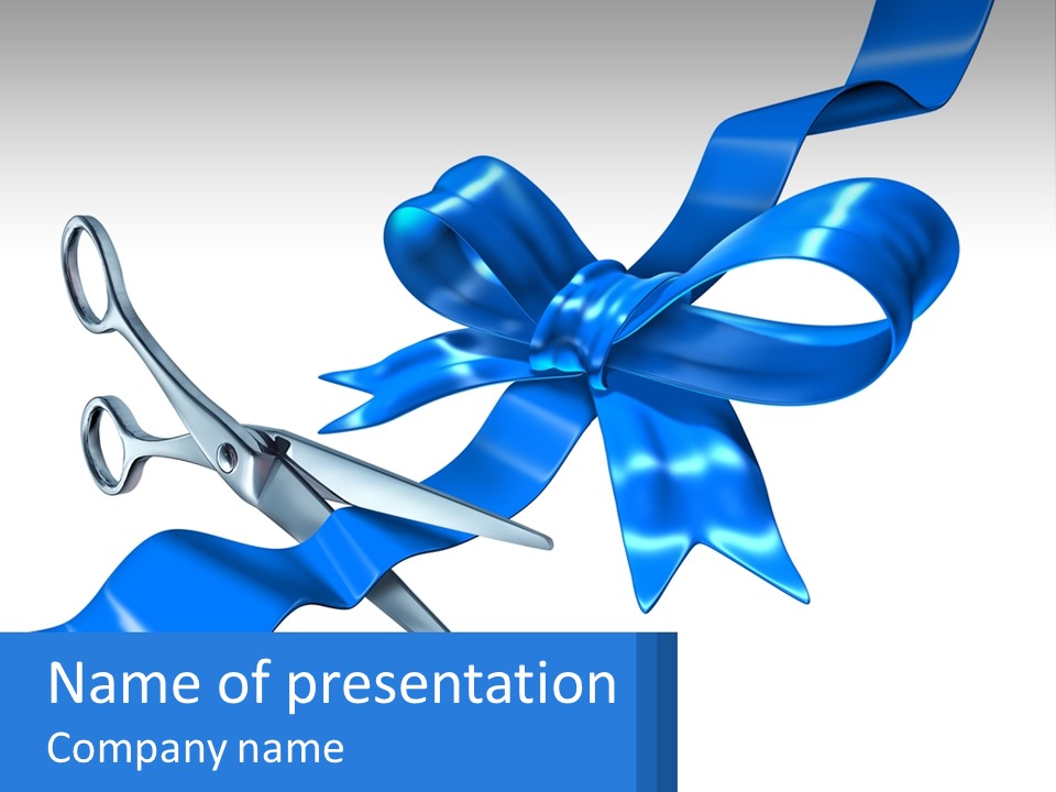 A Blue Ribbon With A Pair Of Scissors On It PowerPoint Template