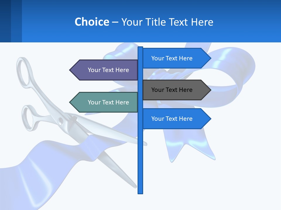 A Blue Ribbon With A Pair Of Scissors On It PowerPoint Template