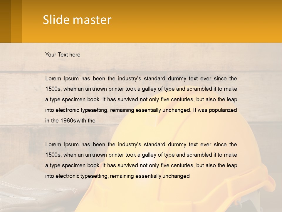 A Yellow Hard Hat Sitting On Top Of A Wooden Table PowerPoint Template