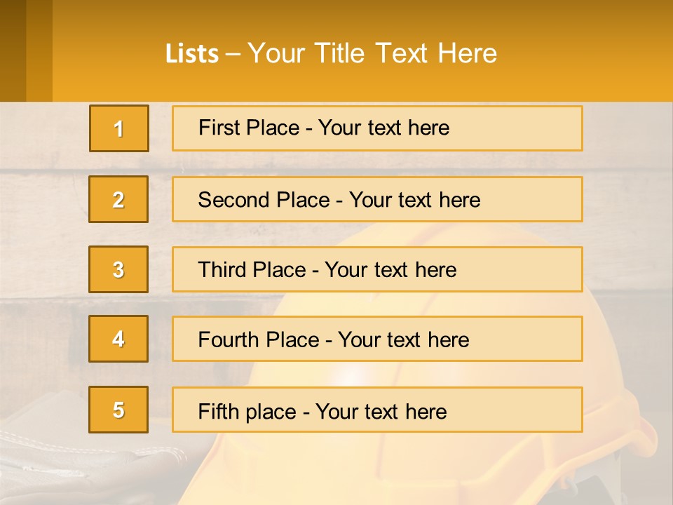A Yellow Hard Hat Sitting On Top Of A Wooden Table PowerPoint Template