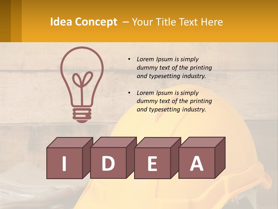 A Yellow Hard Hat Sitting On Top Of A Wooden Table PowerPoint Template
