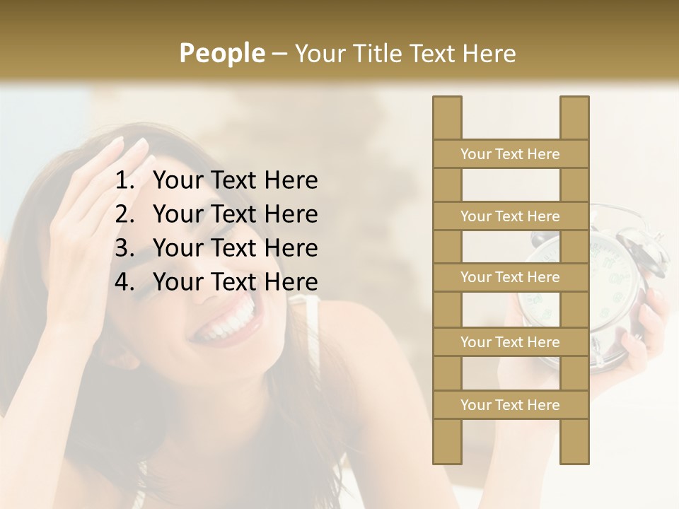 A Woman Laying On A Bed Holding An Alarm Clock PowerPoint Template