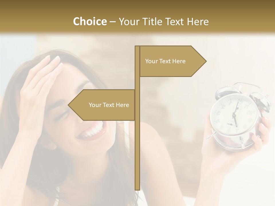 A Woman Laying On A Bed Holding An Alarm Clock PowerPoint Template