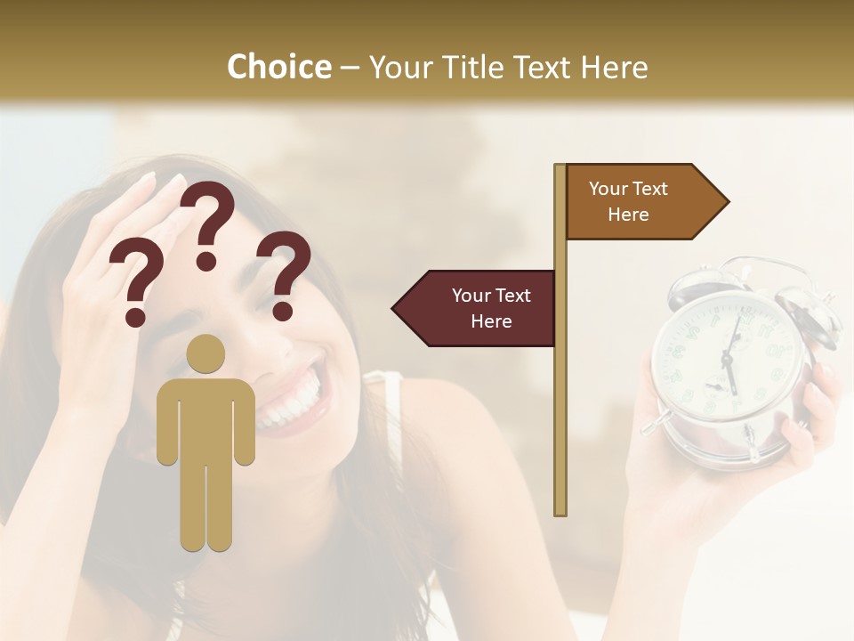 A Woman Laying On A Bed Holding An Alarm Clock PowerPoint Template
