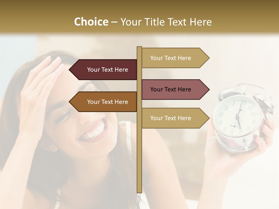 A Woman Laying On A Bed Holding An Alarm Clock PowerPoint Template