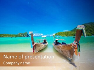 Two Boats On A Beach With A Blue Sky In The Background PowerPoint Template