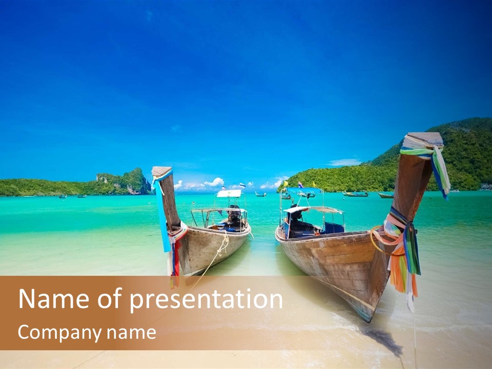 Two Boats On A Beach With A Blue Sky In The Background PowerPoint Template