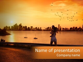 A Woman Jogging Along A River With A City Skyline In The Background PowerPoint Template