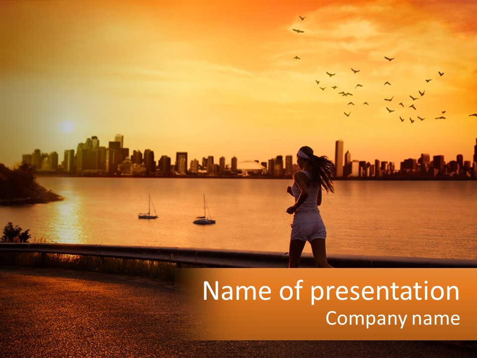 A Woman Jogging Along A River With A City Skyline In The Background PowerPoint Template