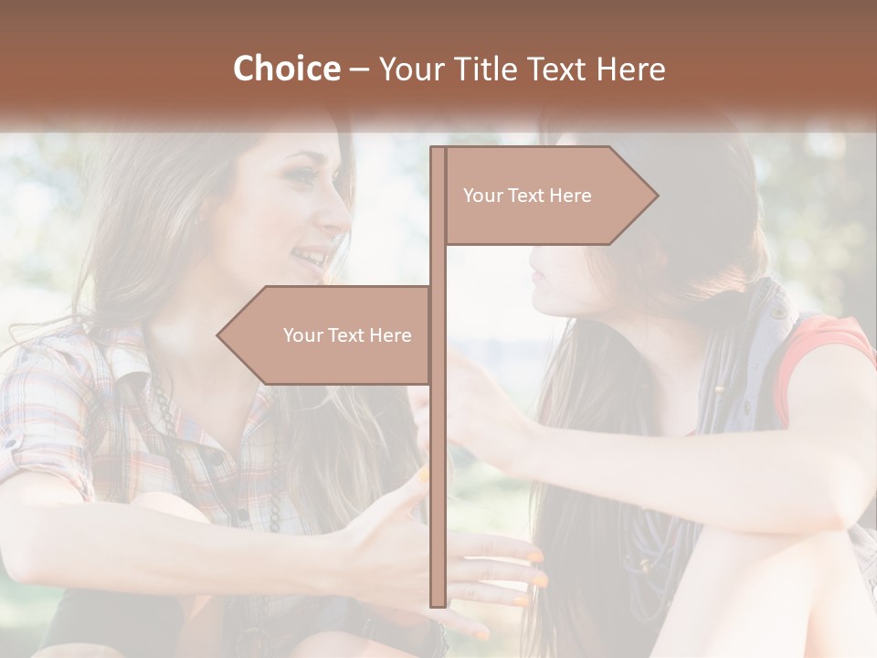 Two Young Women Talking To Each Other In A Park PowerPoint Template