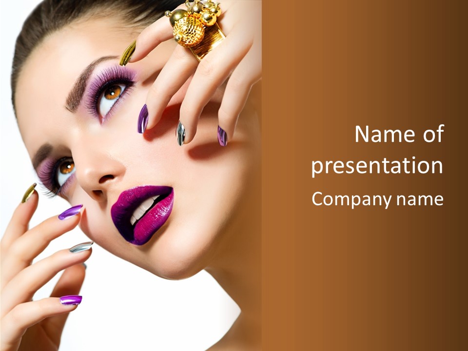 A Woman With Purple And Gold Nail Polish On Her Nails PowerPoint Template