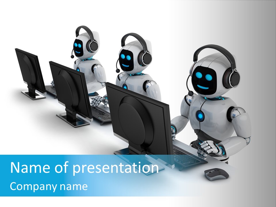 A Group Of Robots Sitting In Front Of Computers PowerPoint Template