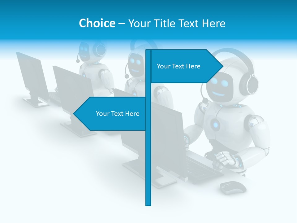 A Group Of Robots Sitting In Front Of Computers PowerPoint Template