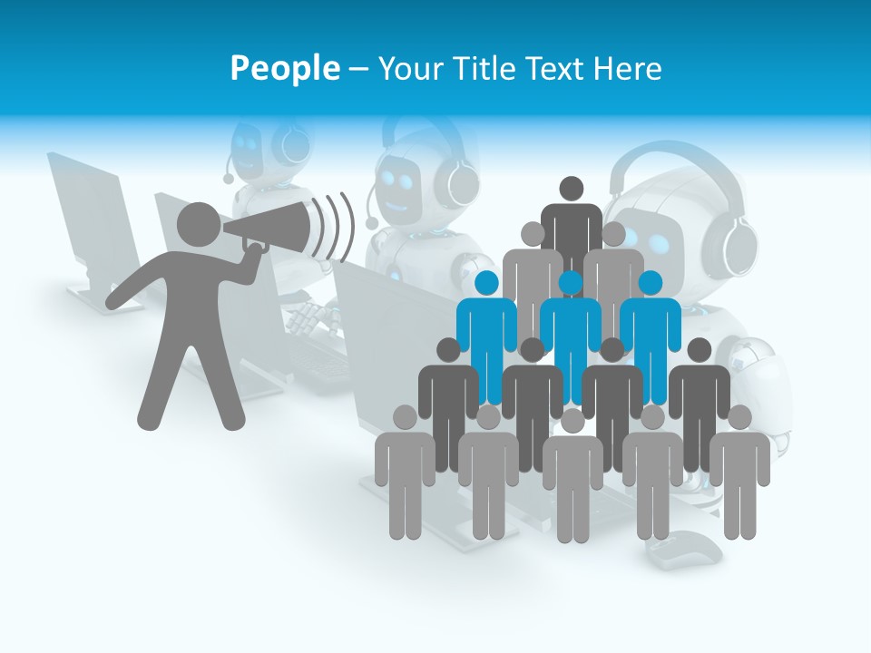 A Group Of Robots Sitting In Front Of Computers PowerPoint Template