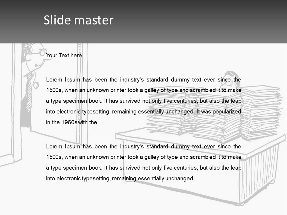 A Cartoon Of A Man Sitting At A Desk In Front Of A Pile Of Papers PowerPoint Template