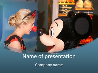 A Woman Is Touching A Mickey Mouse Head PowerPoint Template