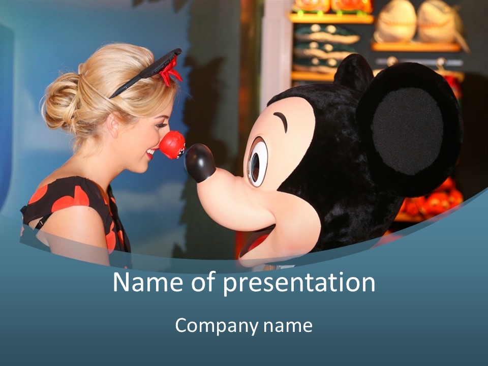 A Woman Is Touching A Mickey Mouse Head PowerPoint Template