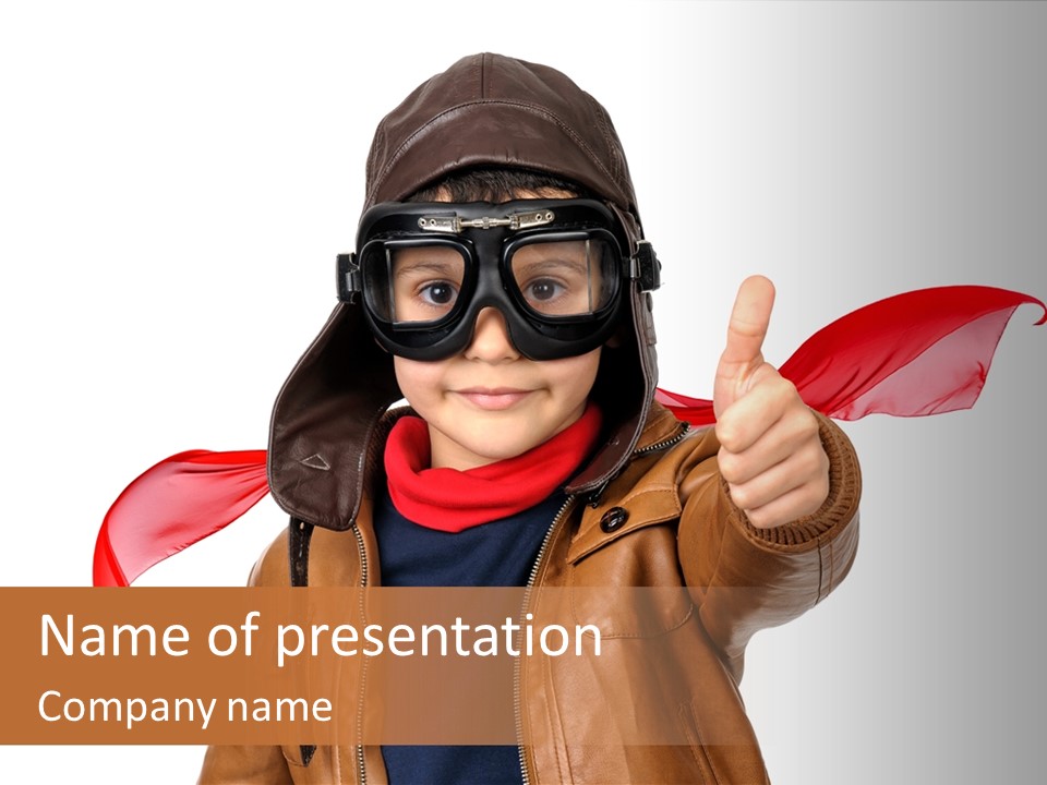 A Young Boy Wearing A Leather Jacket And Goggles Giving A Thumbs Up PowerPoint Template
