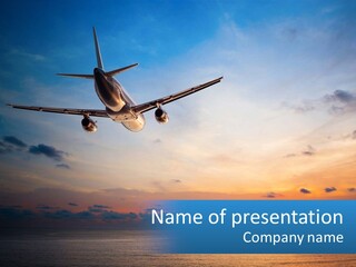 An Airplane Flying Over The Ocean At Sunset PowerPoint Template
