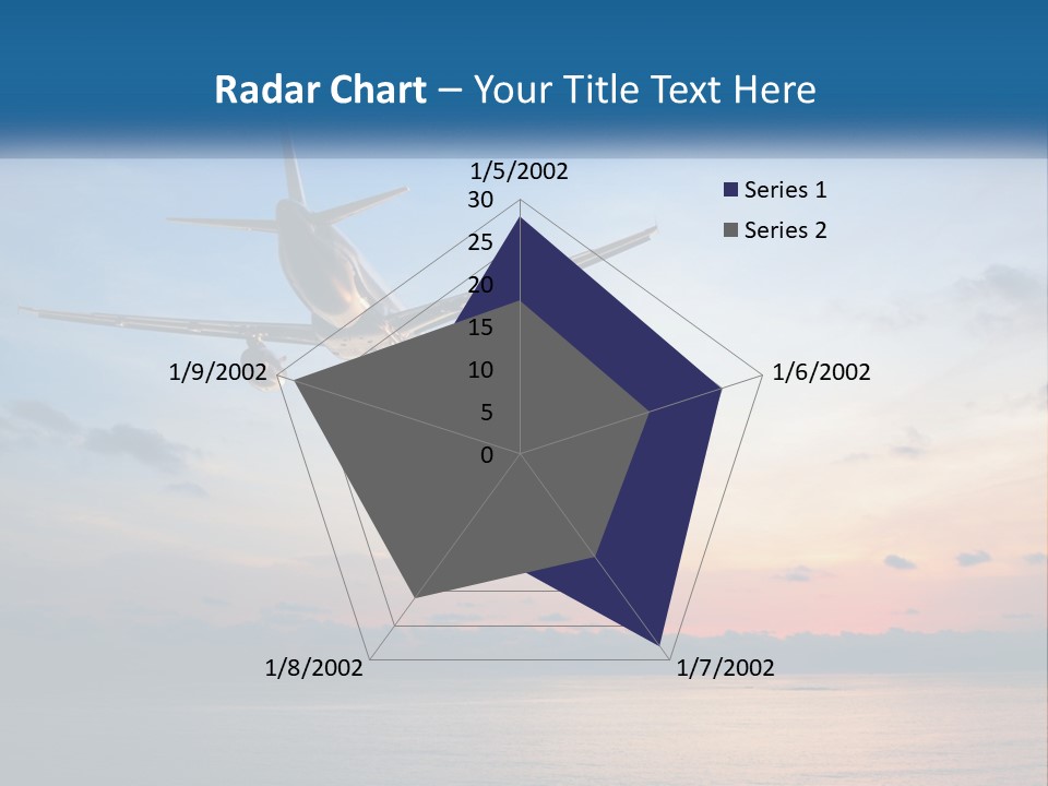 An Airplane Flying Over The Ocean At Sunset PowerPoint Template