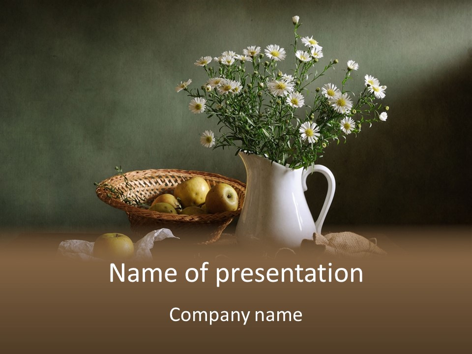 A Vase Of Daisies And Apples On A Table PowerPoint Template