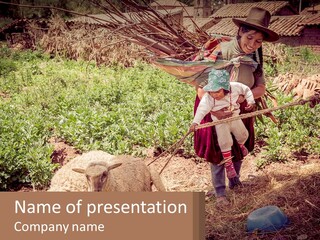A Woman With A Child And A Sheep In A Field PowerPoint Template