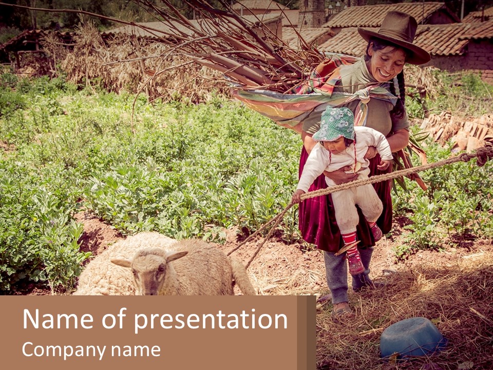 A Woman With A Child And A Sheep In A Field PowerPoint Template
