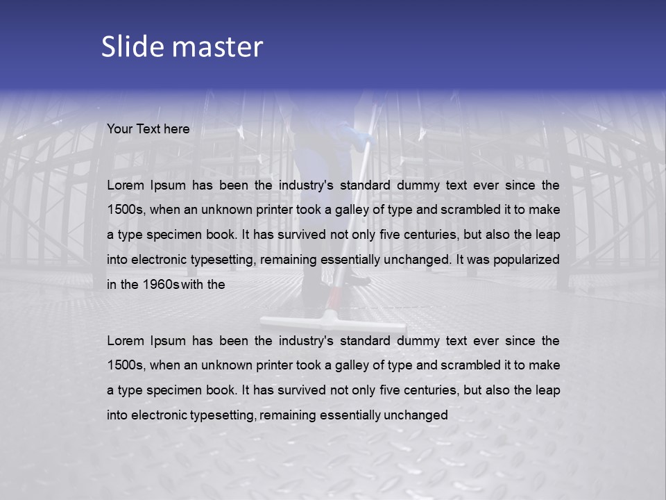 A Man In A Blue Coverall Is Cleaning The Floor With A Mop PowerPoint Template