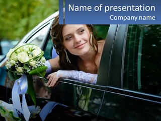 A Woman Sitting In A Car Holding A Bouquet Of Flowers PowerPoint Template