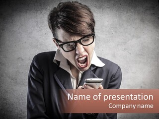 A Woman Holding A Cell Phone With Her Mouth Open PowerPoint Template